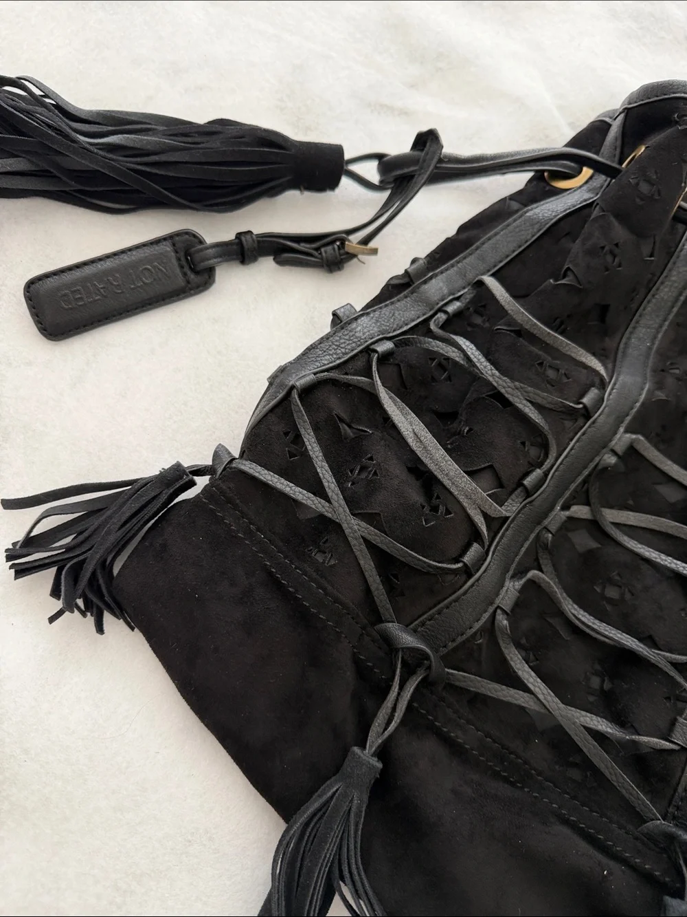 Not Rated Blaire Black Faux Suede Bucket Bag with Lace-Up Detail